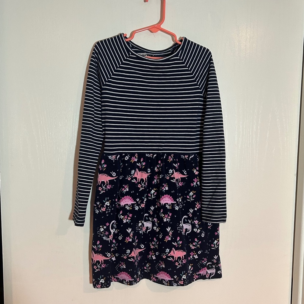 Rumi + Ryder Girls Navy Striped Floral Dinosaur Long Sleeve Dress Size S 6-7